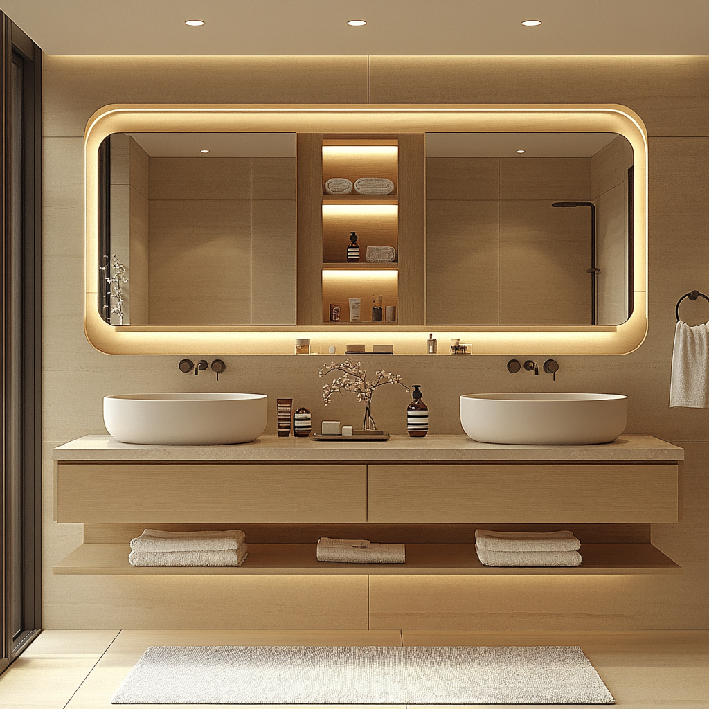 custom floating vanity in white oak finish with open shelf and soft-close drawers