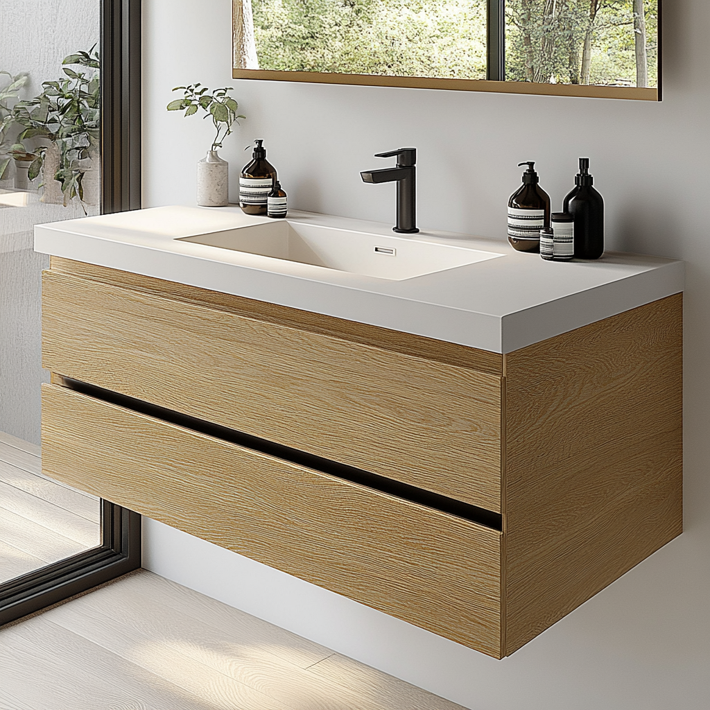 custom floating vanity in white oak with minimalist silhouette and soft-close storage