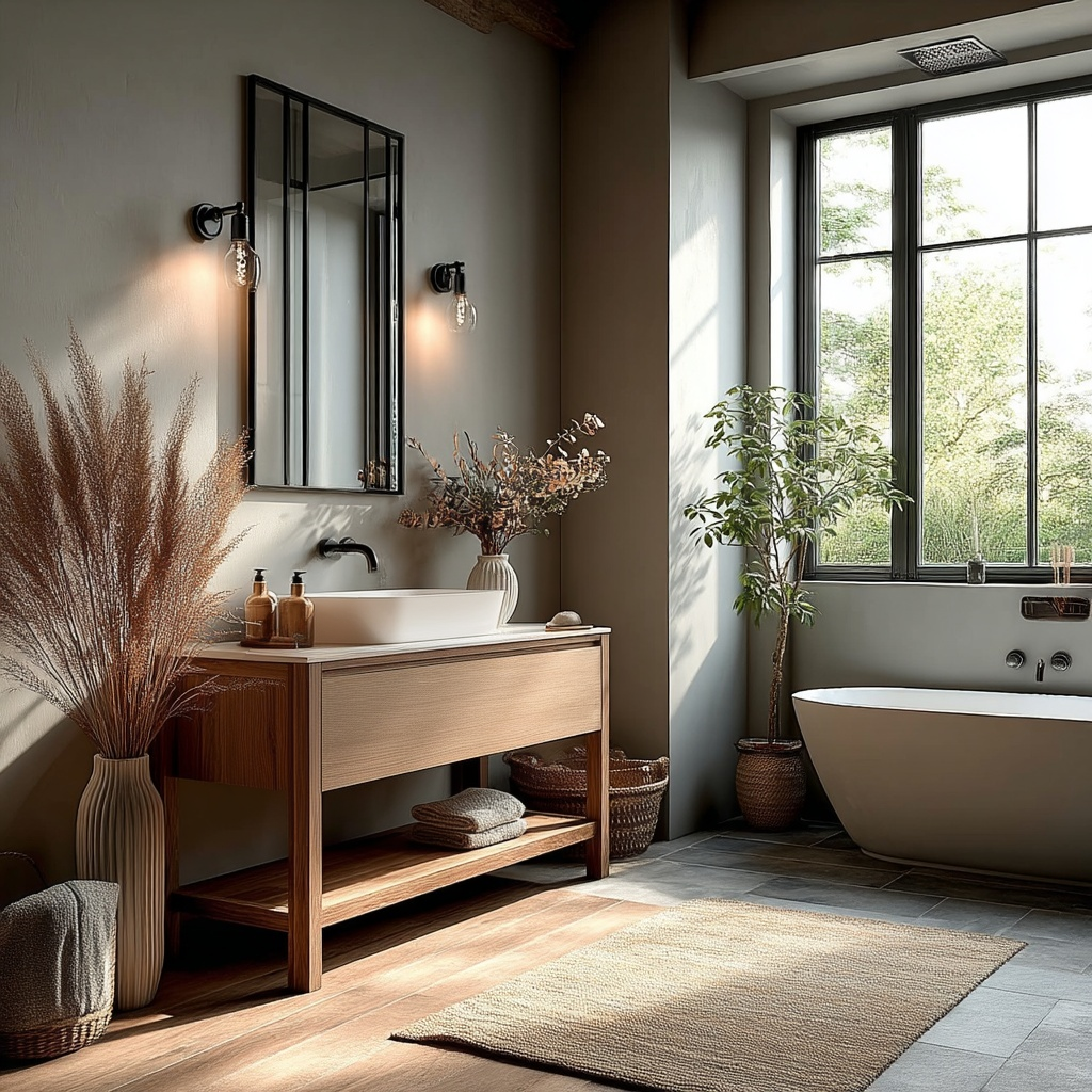white oak freestanding bathroom vanity with natural veneer and farmhouse-inspired design by HEAVEN.