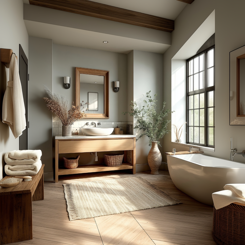 custom white oak freestanding vanity with soft natural wood tone and functional drawer storage.