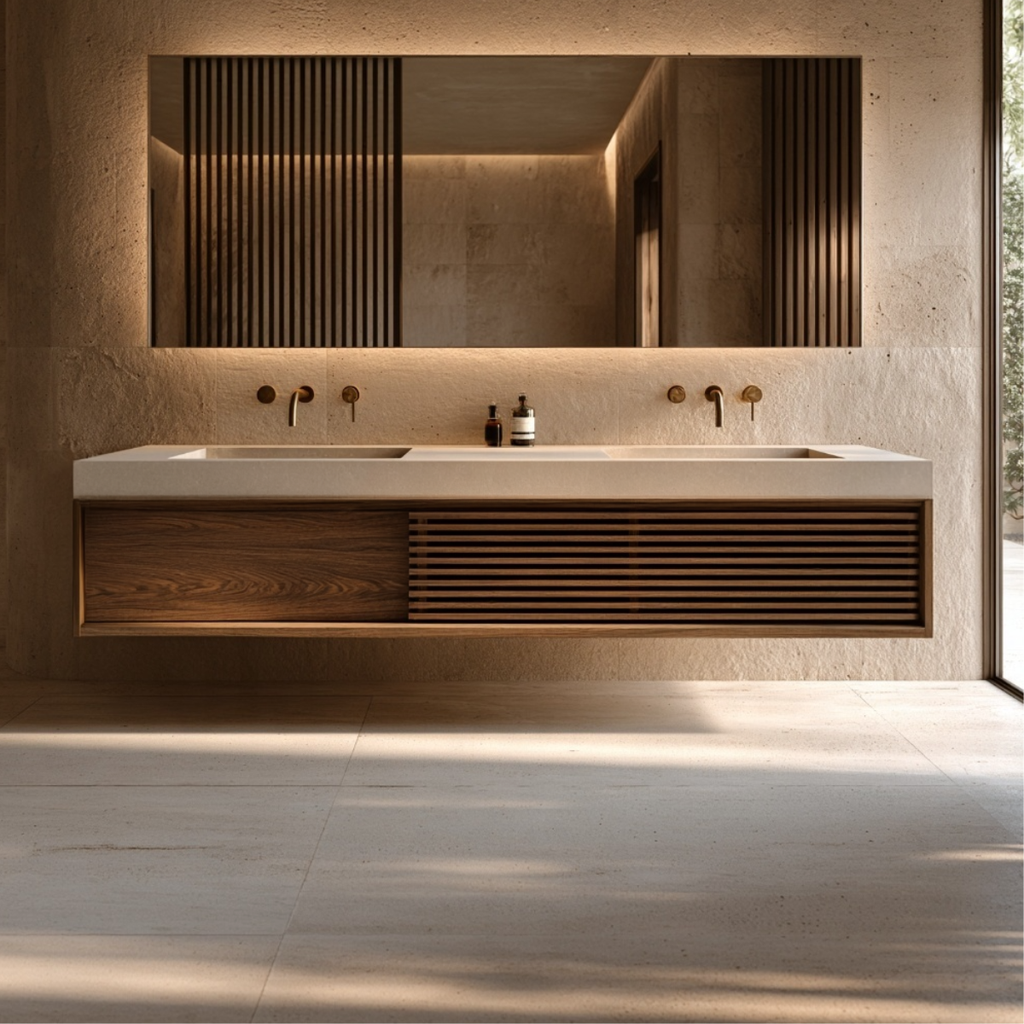 Walnut Floating Double Vanity — Slatted Modern Master Bathroom Cabinet