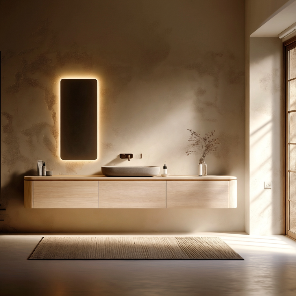 Curved Floating Bathroom Vanity — White Oak or Walnut Custom 24–120" Cabinet