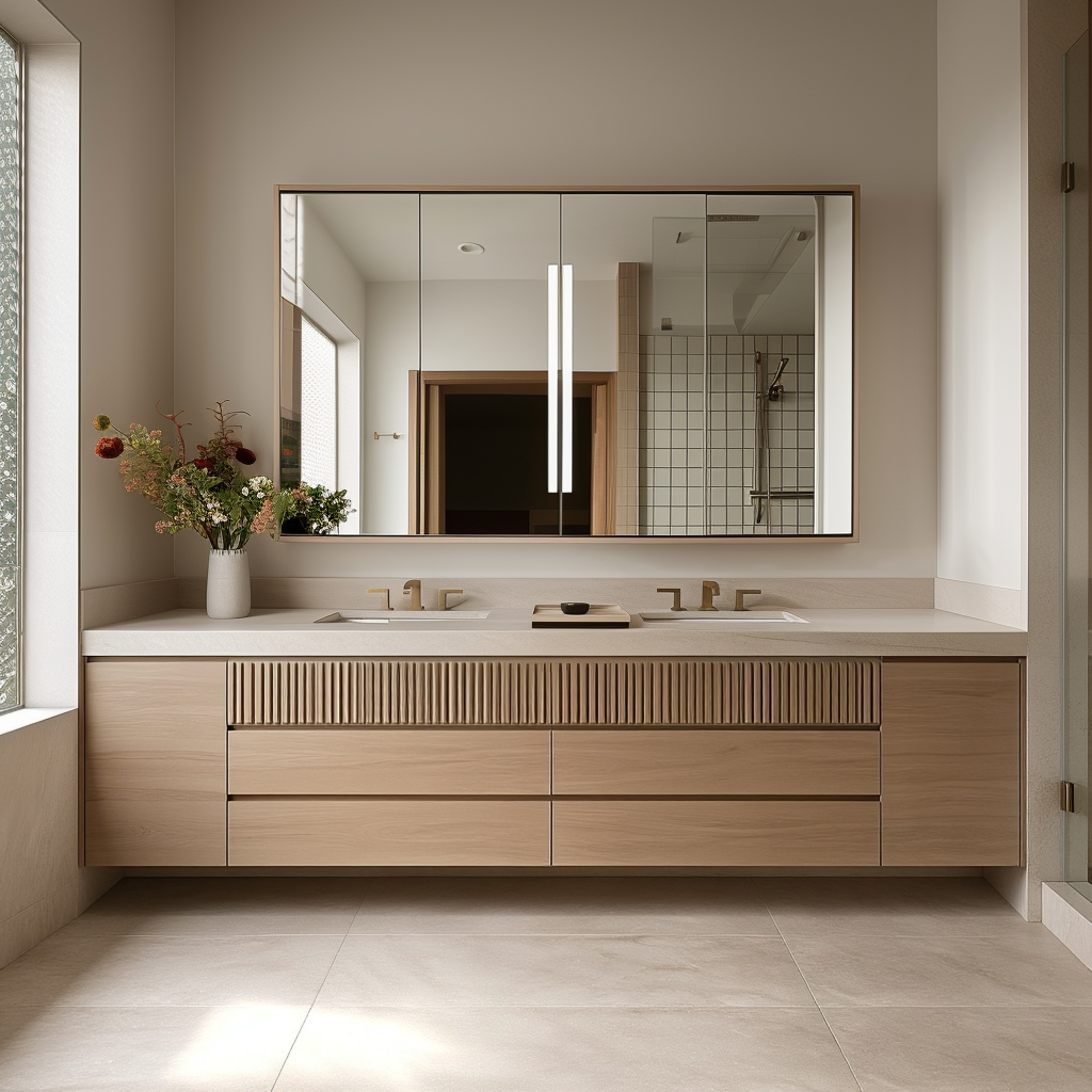 A modern double-sink bathroom vanity with light wood cabinets, a white countertop, and a large rectangular mirror. The vanity is styled in a bright, minimalist bathroom with beige walls and tiled flooring.