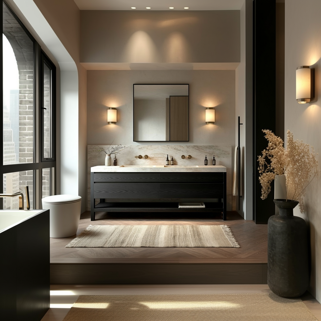 freestanding dark oak double vanity with lower open shelf and minimalist architectural silhouette