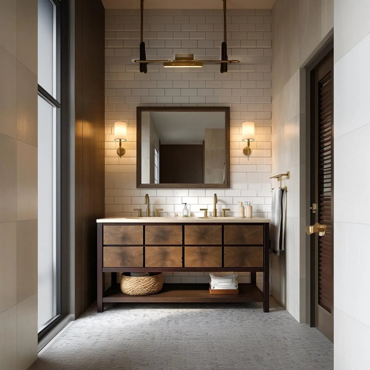 dark oak vanity cabinet with textured radial veneer front and minimalist design.