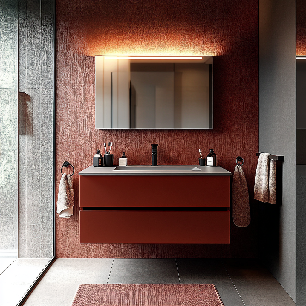 deep berry-toned floating vanity with soft-close drawers and sleek contemporary silhouette