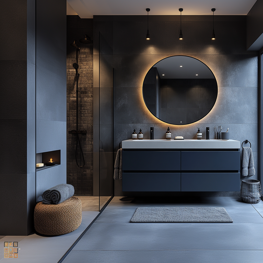 deep navy wall-hung vanity with handleless fronts and a clean minimalist silhouette