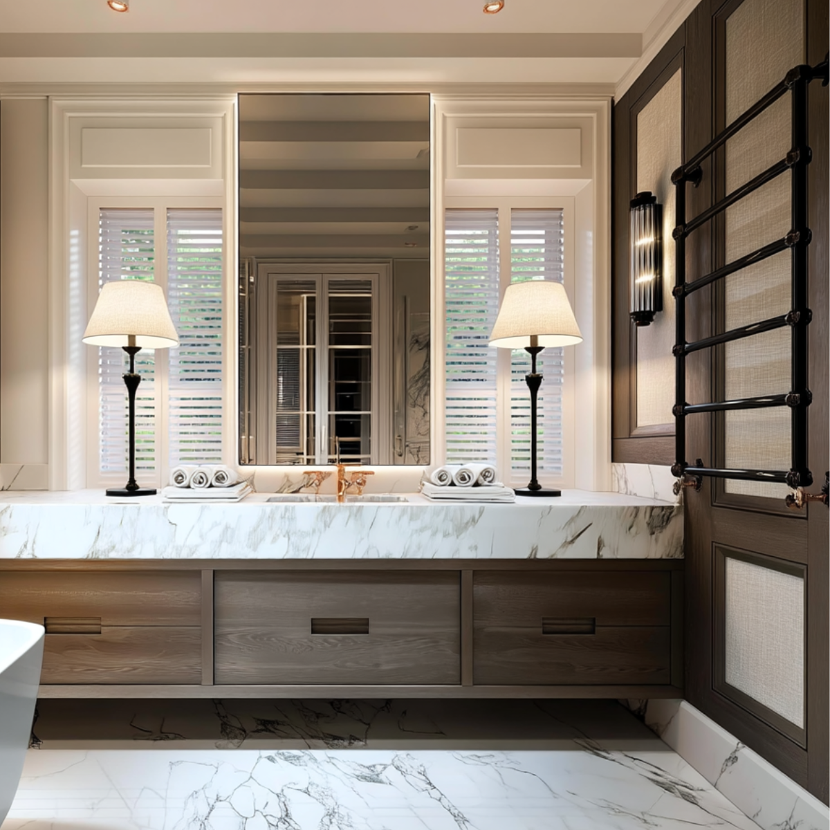 Dark Oak Floating Double Sink Vanity | Luxury 6 Drawer Bathroom Cabinet