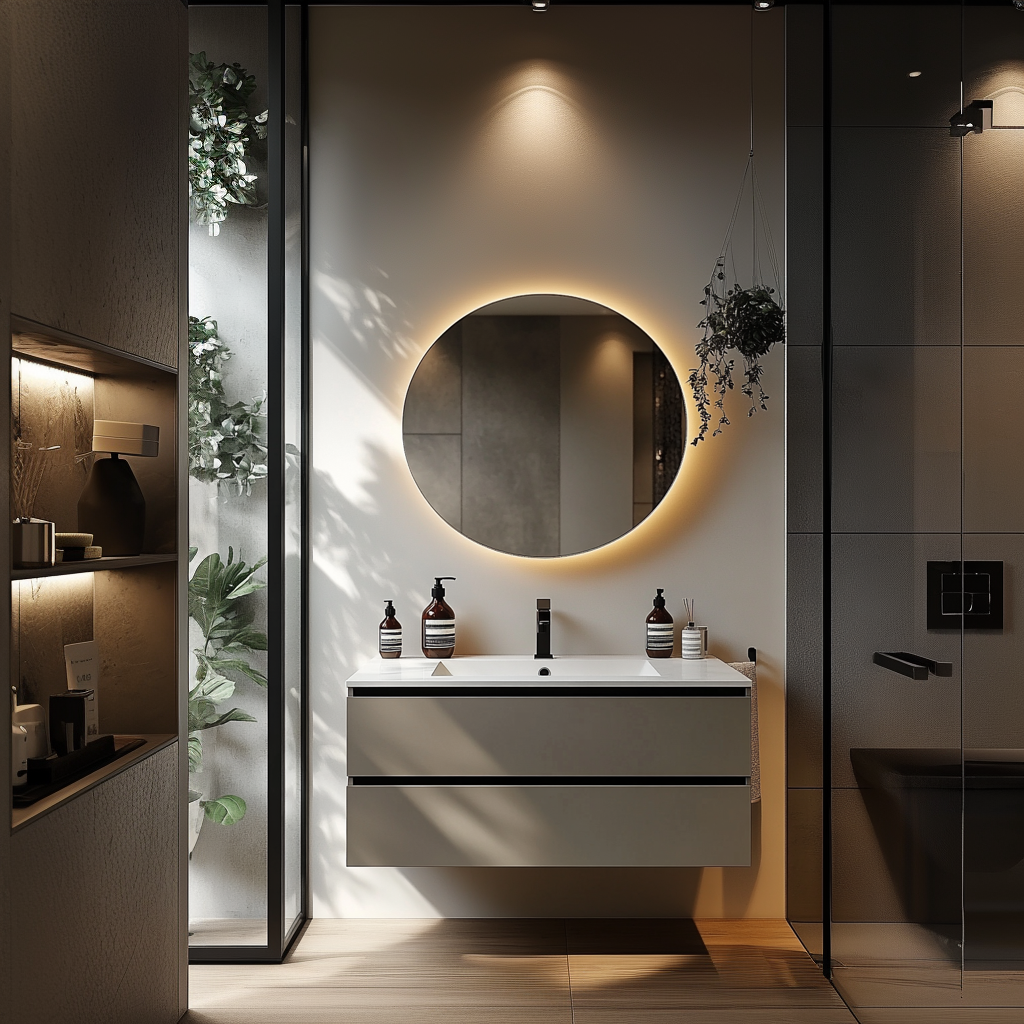 mustard-colored oak veneer floating vanity with satin finish and minimalist design by HEAVEN