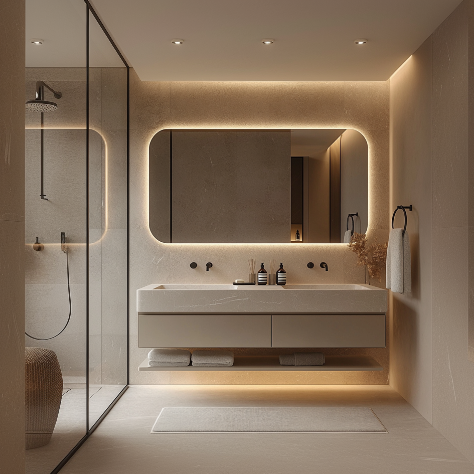 Modern bathroom with a vanity, mirror, and shower area.