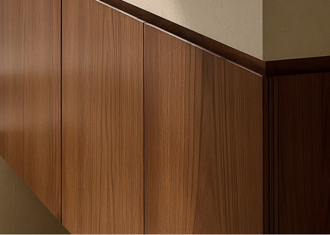 floating walnut cabinet with minimalist drawers and modern design.