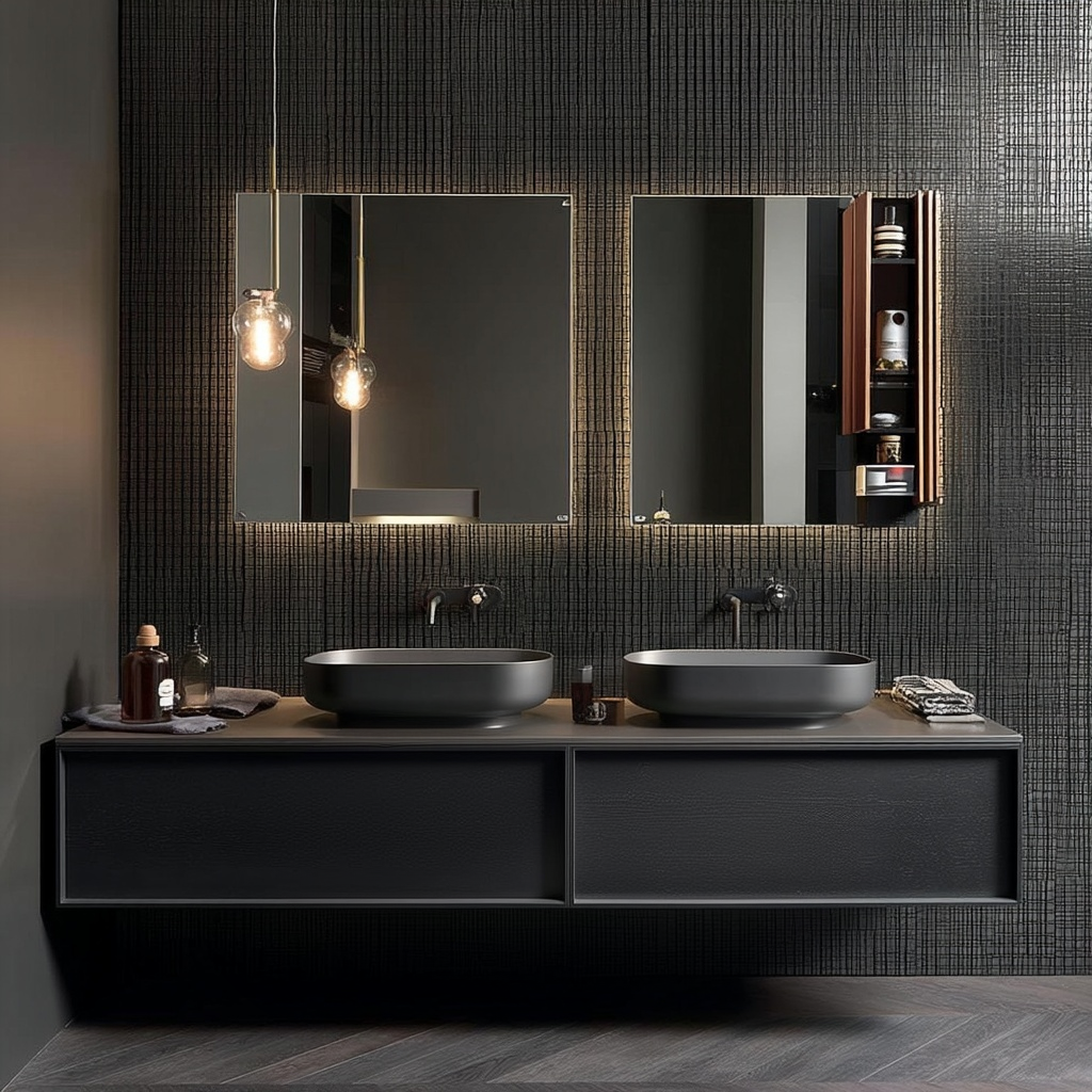 wall-mounted black wood vanity with clean lines and handleless drawer design.