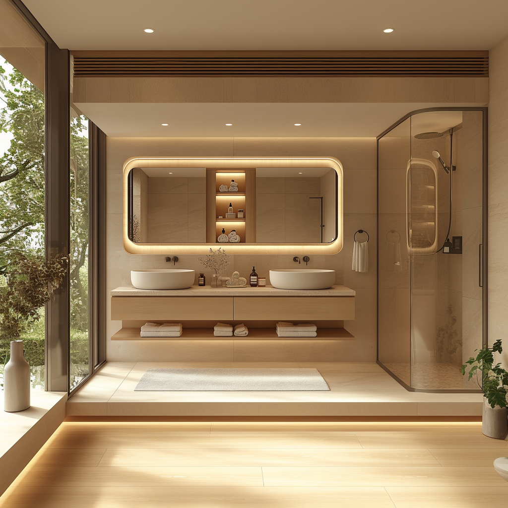 handcrafted oak vanity with open shelf and seamless grain pattern