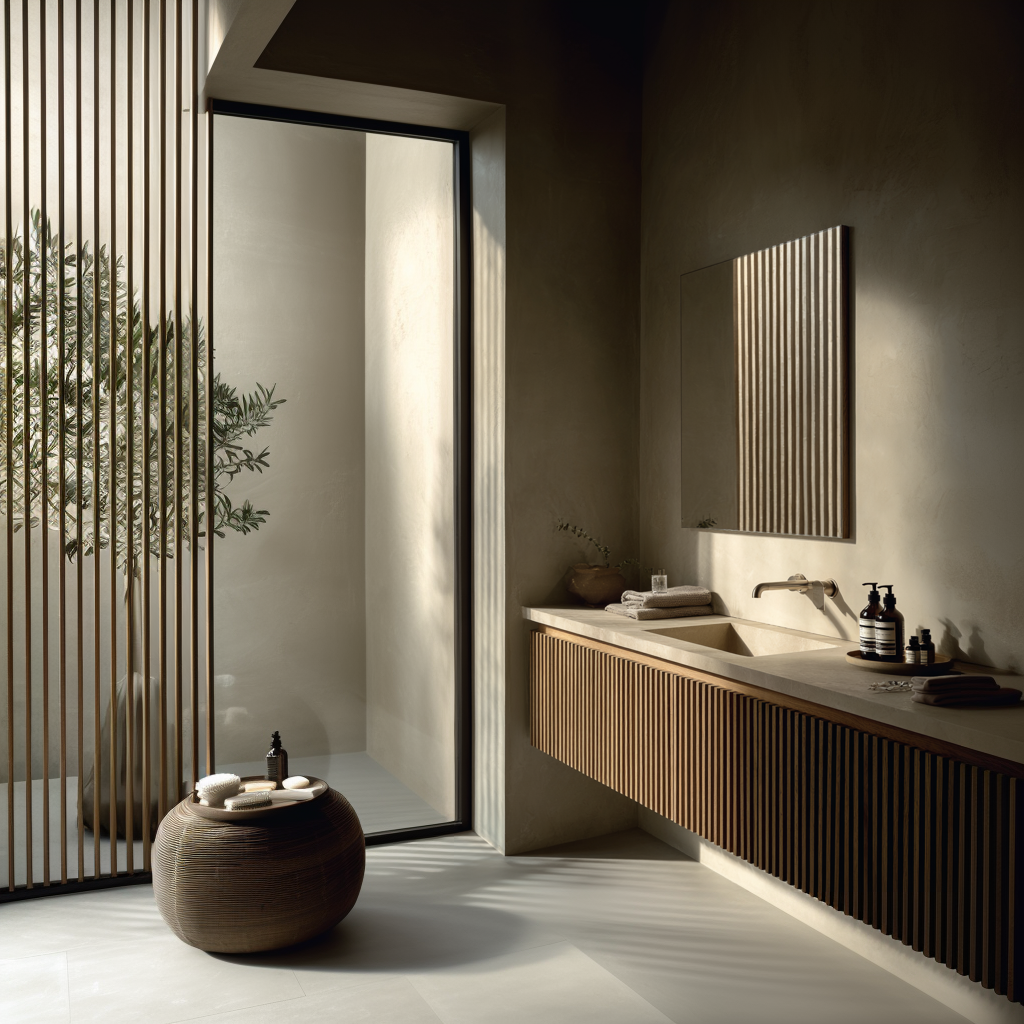 minimalist fluted wall-hung vanity with walnut and white oak veneer combination