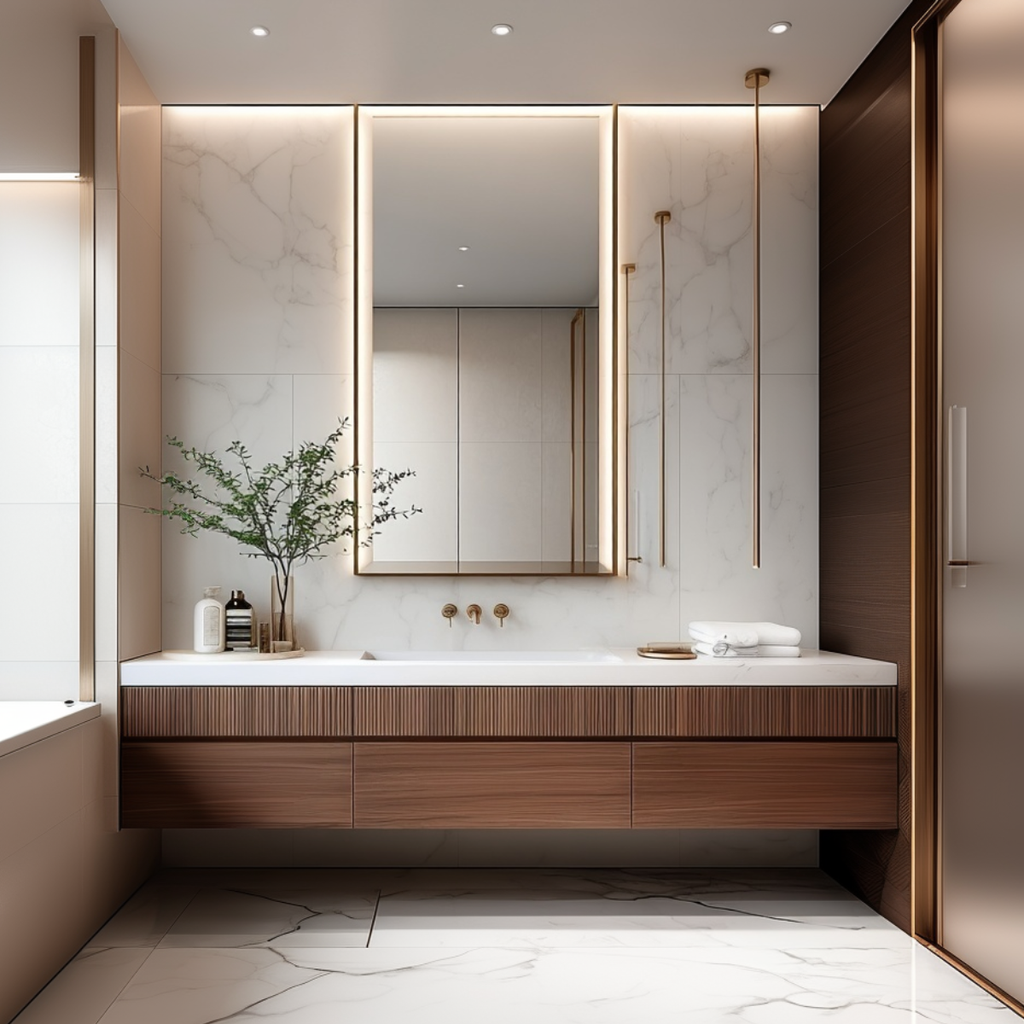 Modern bathroom with wooden vanity, large mirror, and decorative elements.