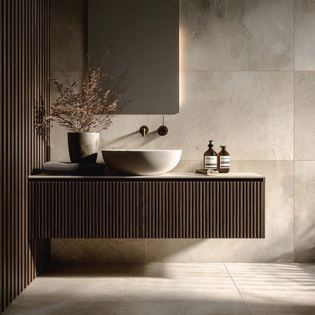 wall-mounted oak vanity with vertical fluted texture and minimalist handleless drawers.