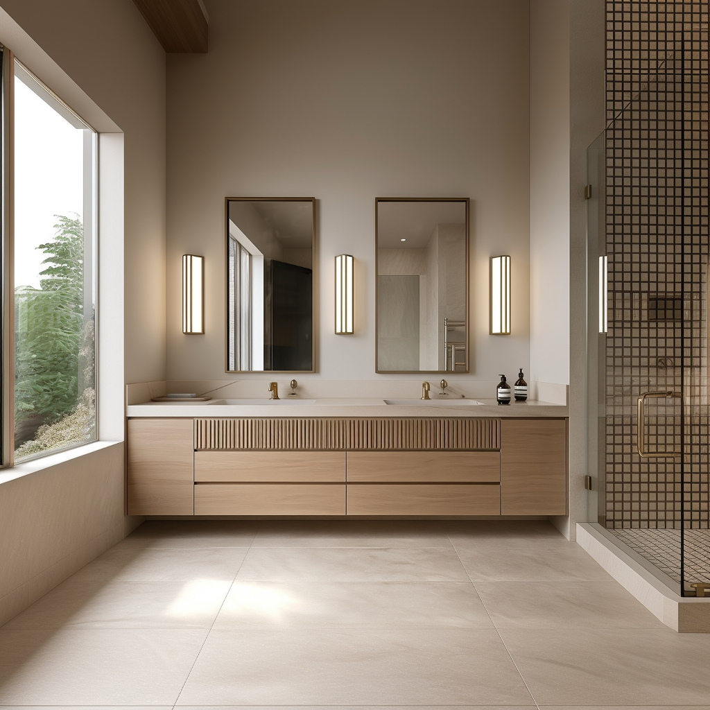 A modern double-sink bathroom vanity with light wood cabinets, two rectangular mirrors, vertical wall sconces, and a glass shower enclosure with a black grid-patterned door.