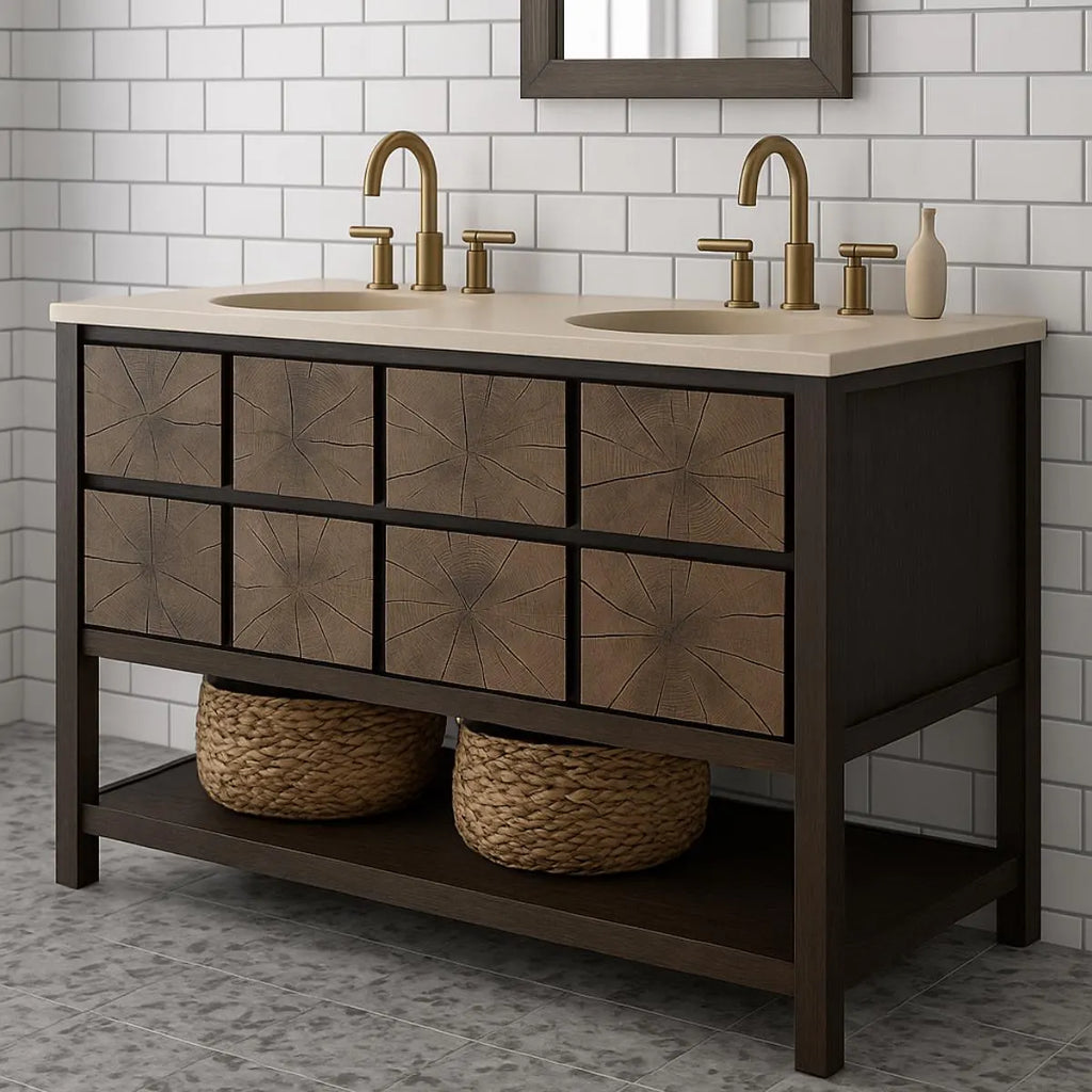 freestanding bathroom vanity in dark oak with radial cut veneer and handleless drawers by HEAVEN.