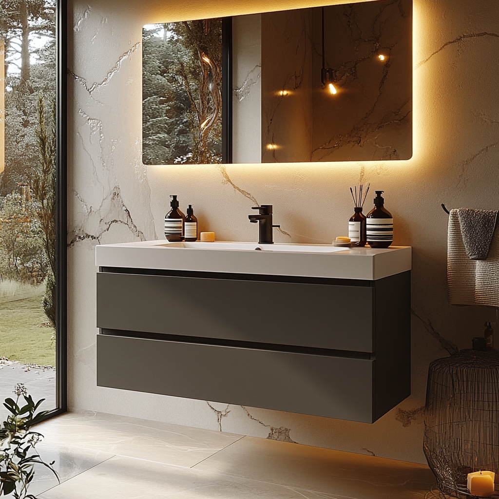 graphite brown wall-mounted double vanity with sleek handleless drawers and clean architectural lines.