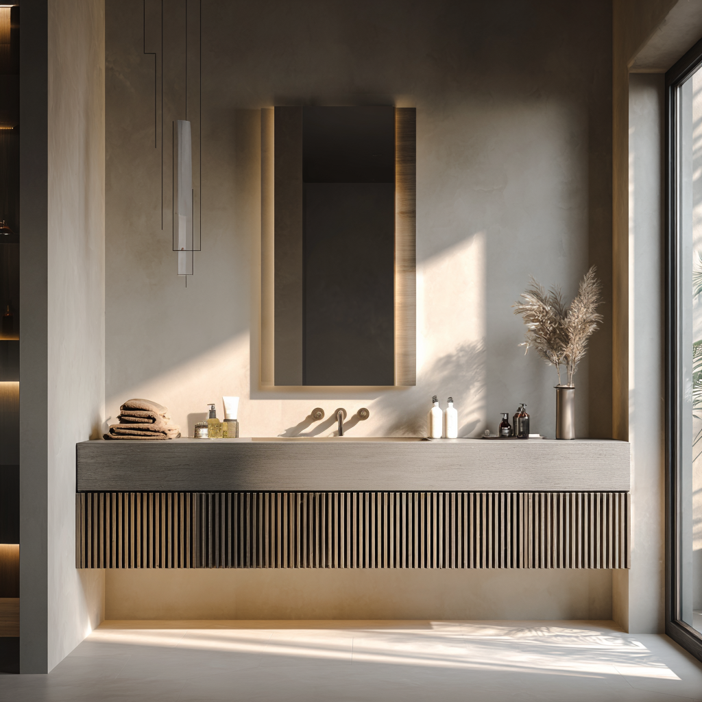wall-mounted gray oak vanity with fluted front and full-extension soft-close drawers
