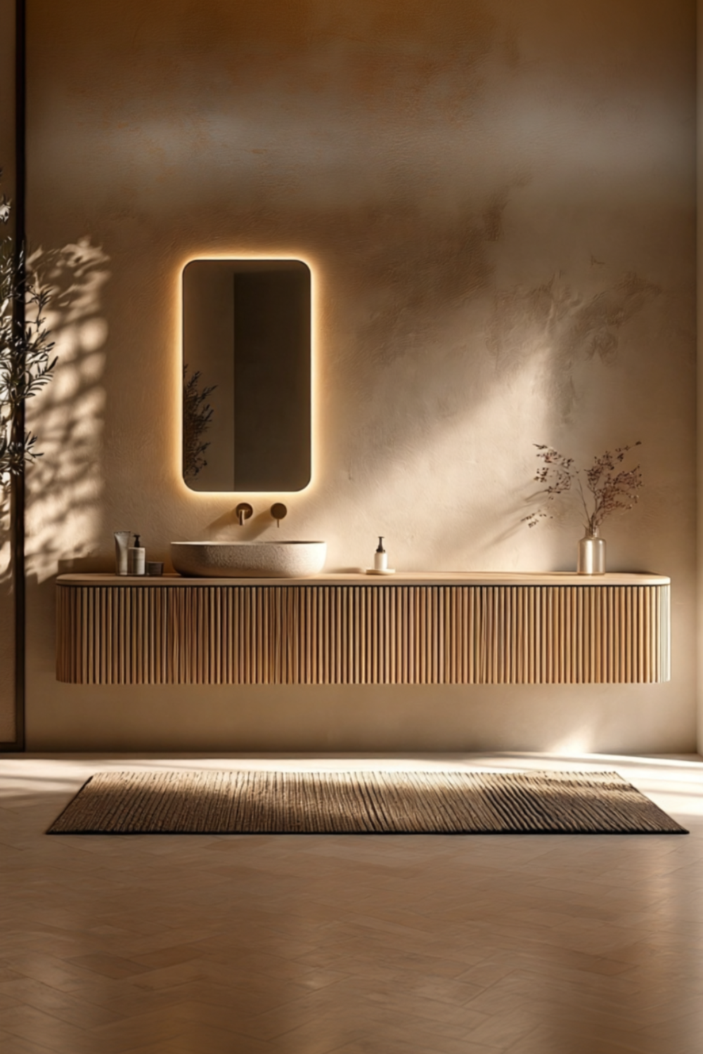 A modern floating bathroom vanity with a slatted wood front, integrated vessel sink, and a rectangular backlit mirror mounted on a textured beige wall. Warm sunlight casts shadows across the wall and floor, and a dark woven rug lies on the floor in front.