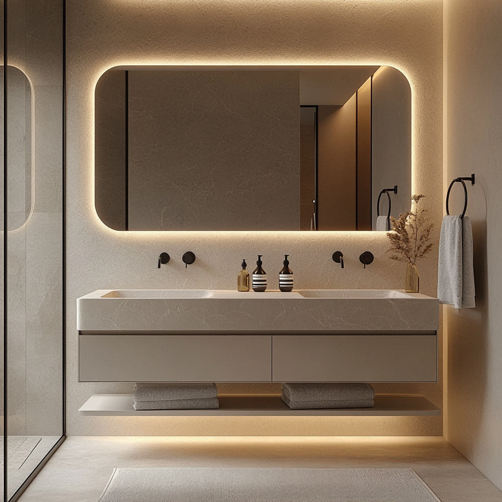 handcrafted beige wall-mounted vanity with smooth painted finish and modern proportions.