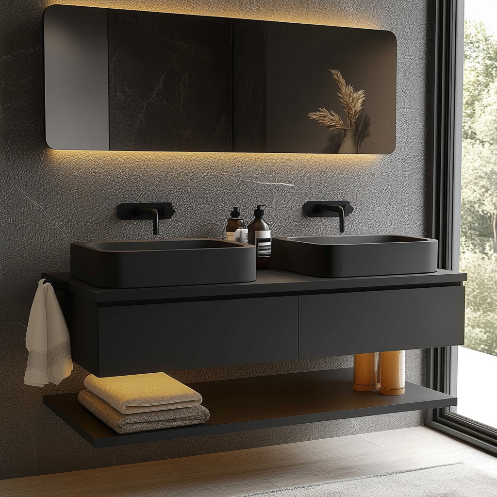 handcrafted black painted floating vanity with handleless drawers and contemporary silhouette