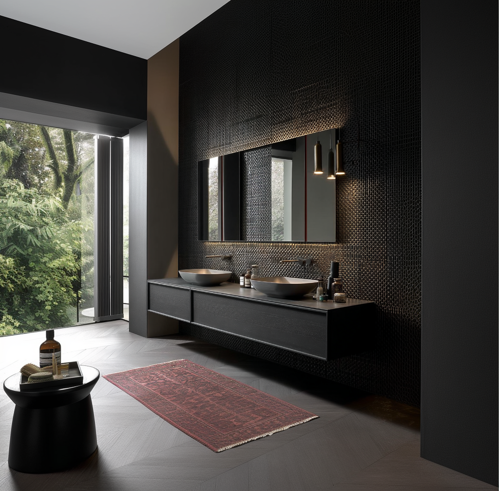 handcrafted black wood floating vanity with soft-close drawers and minimalist design.