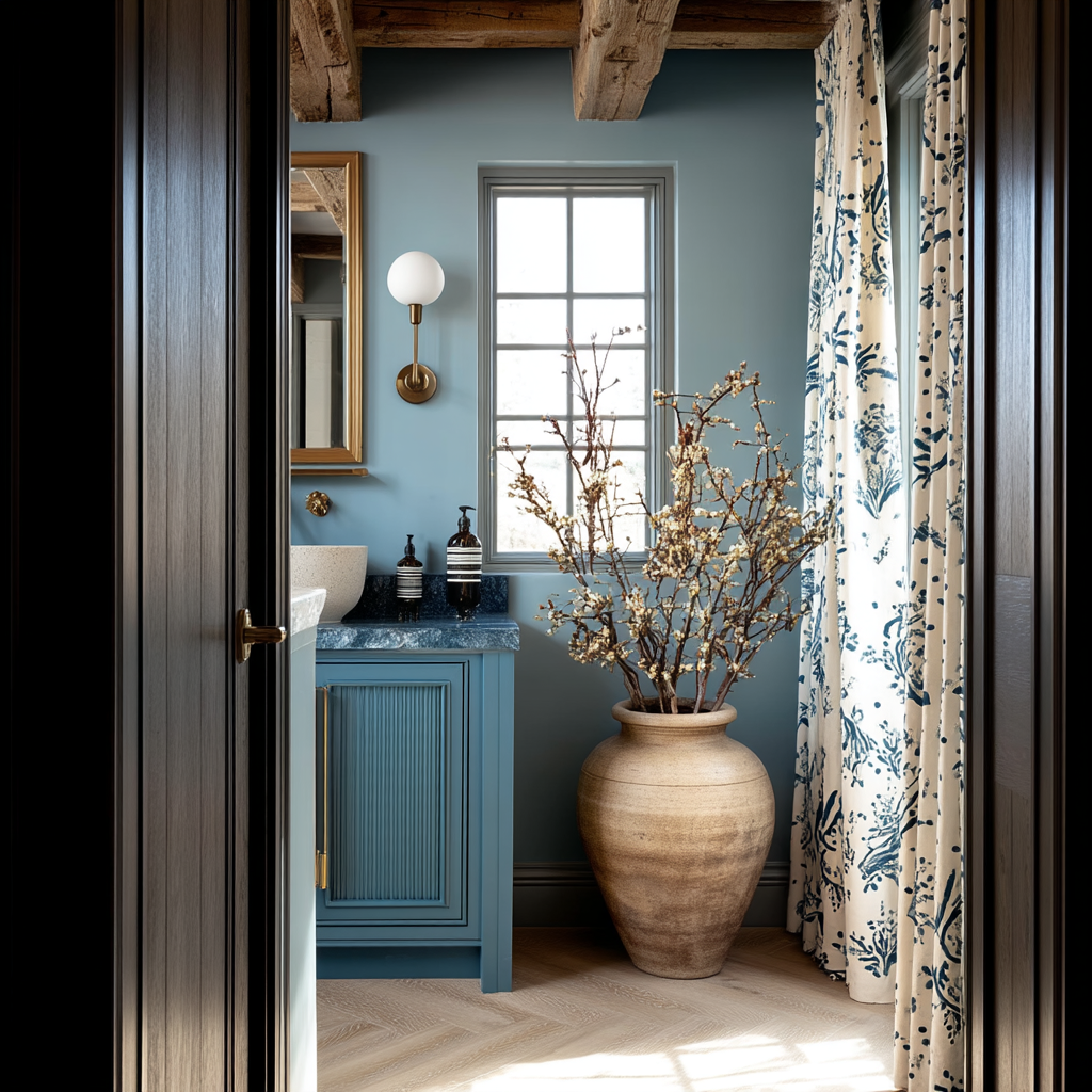 freestanding vanity with blue oak wood texture, brass base, and soft-close drawers