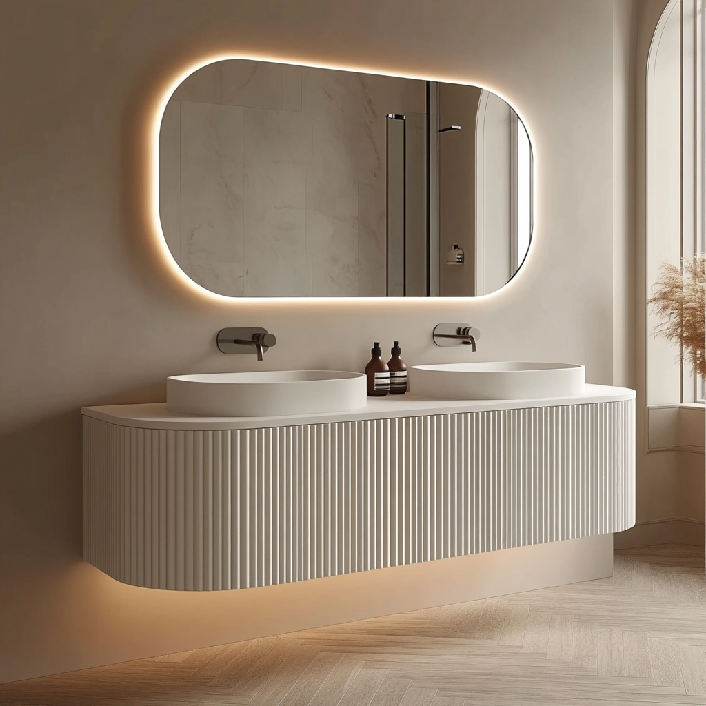 handcrafted cream floating vanity with solid oak fluted front and push-to-open drawer system.