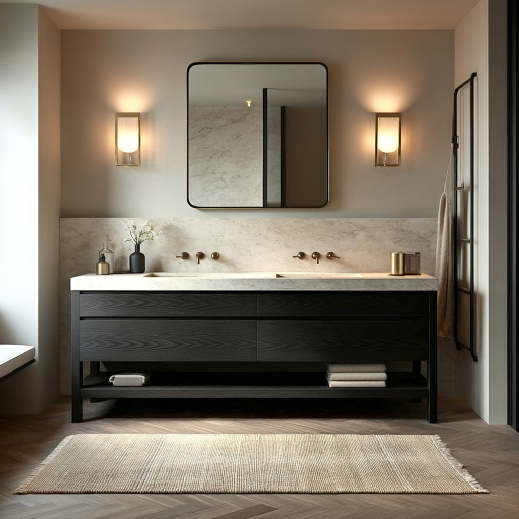 handcrafted double sink vanity in dark oak finish with four soft-close drawers and shelf.