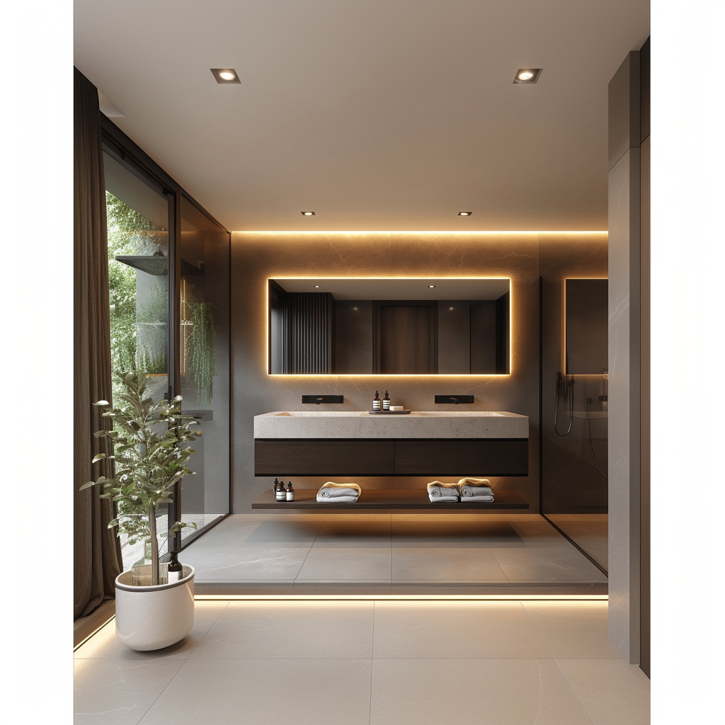 handcrafted floating vanity in dark chocolate oak with soft-close drawers and open shelf.