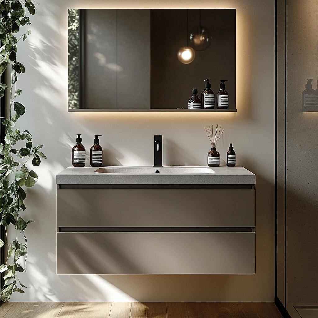 handcrafted floating vanity in mustard-toned oak veneer with soft satin sheen