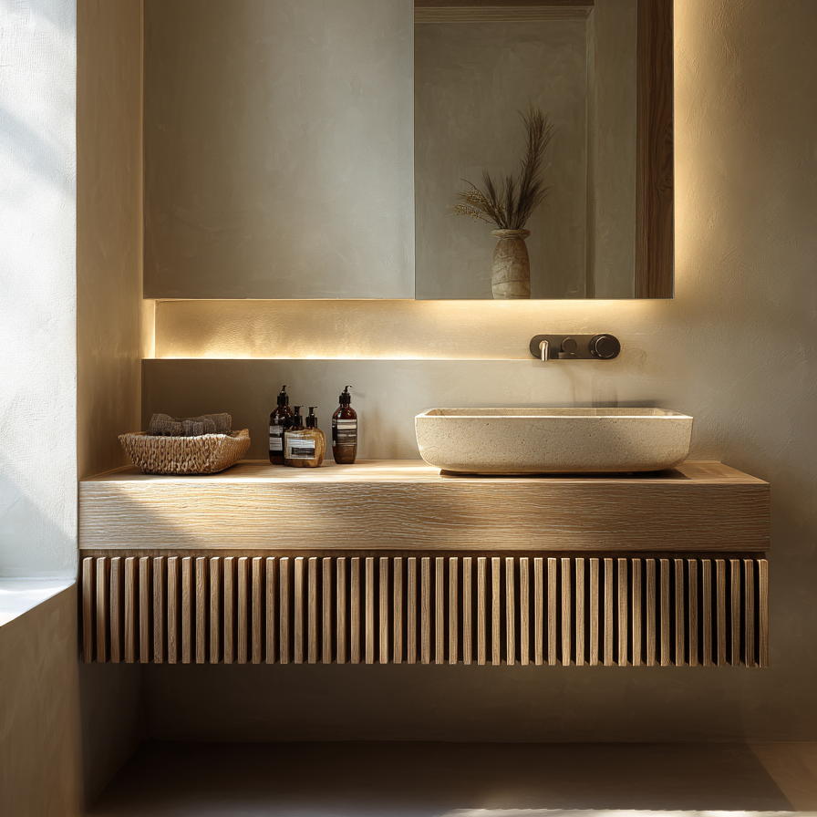 handcrafted oak floating vanity with fine vertical grooves and soft edges