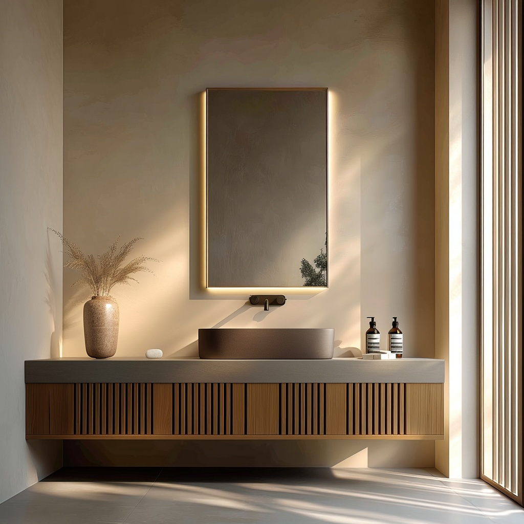 handcrafted floating bathroom vanity with fluted wood facade and natural veneer options.