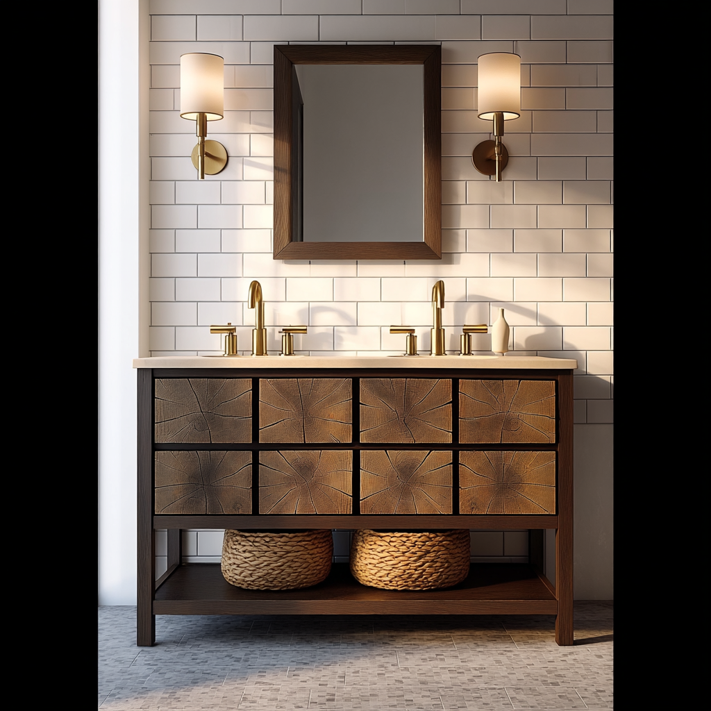 luxury freestanding vanity with dark oak veneer and radial grain detail.