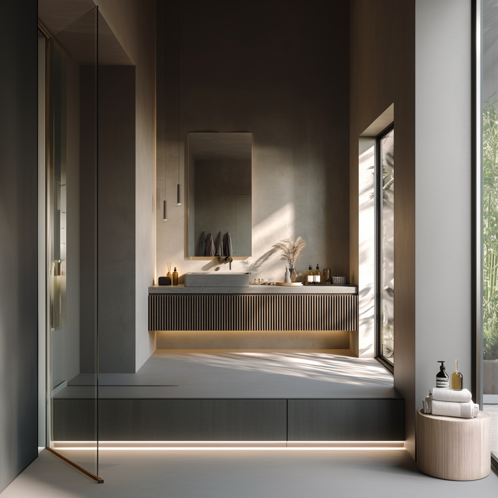 handcrafted gray oak bathroom vanity with vertical fluted panels and seamless drawer fronts