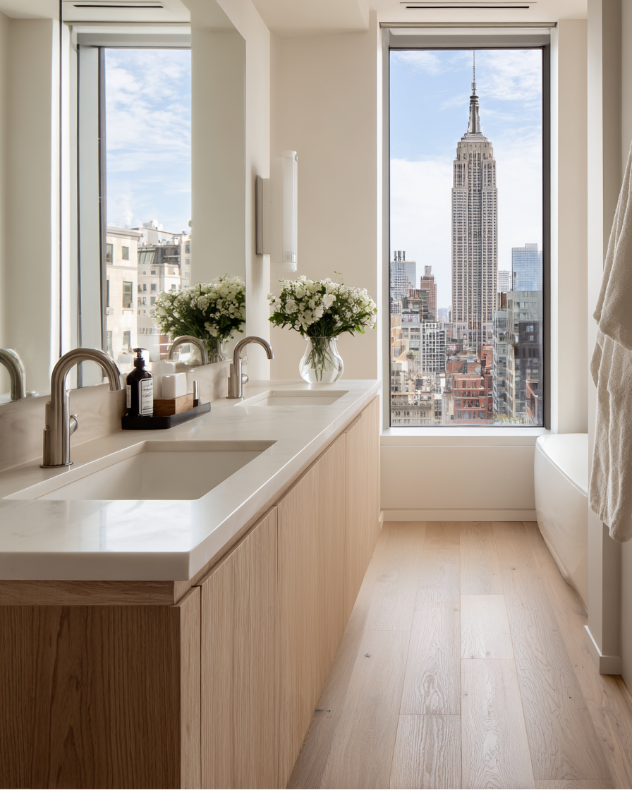handcrafted floating vanity in white oak with seamless detailing and warm natural tone.
