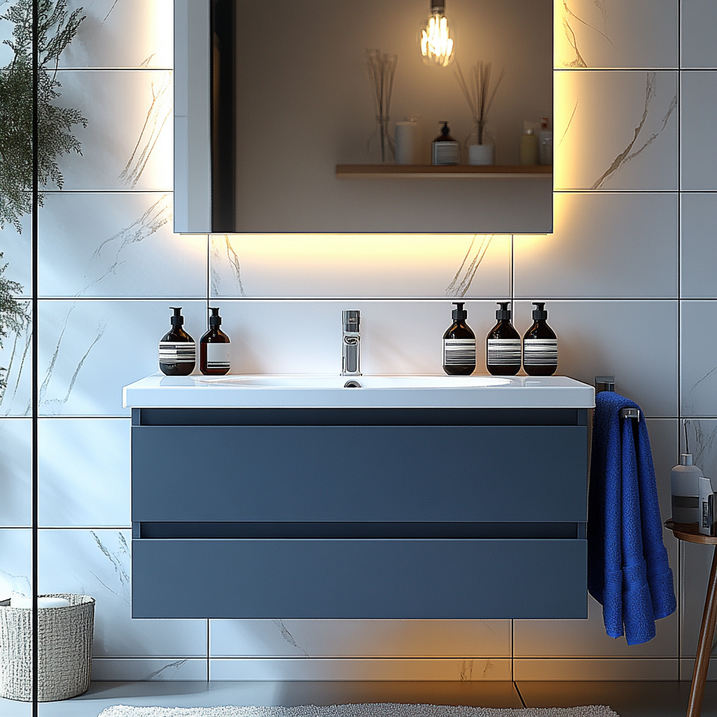 handcrafted navy blue floating vanity with soft-close drawers and seamless modern form