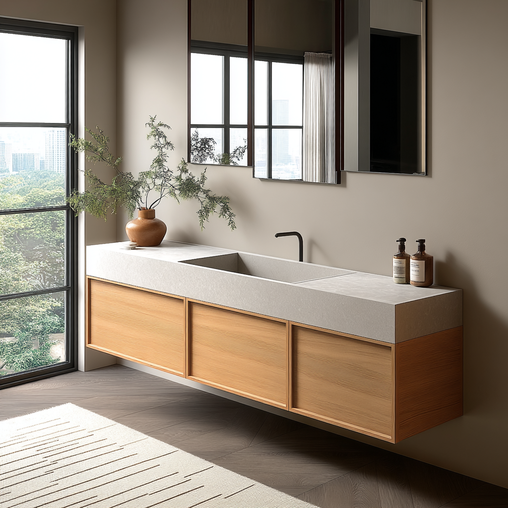 wall-hung oak vanity with smooth matte finish and sleek contemporary style.