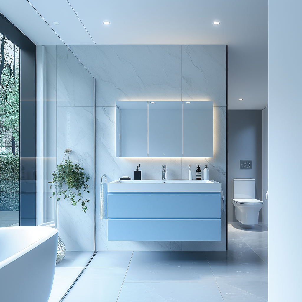 handcrafted powder blue floating vanity with handleless drawers and smooth satin finish