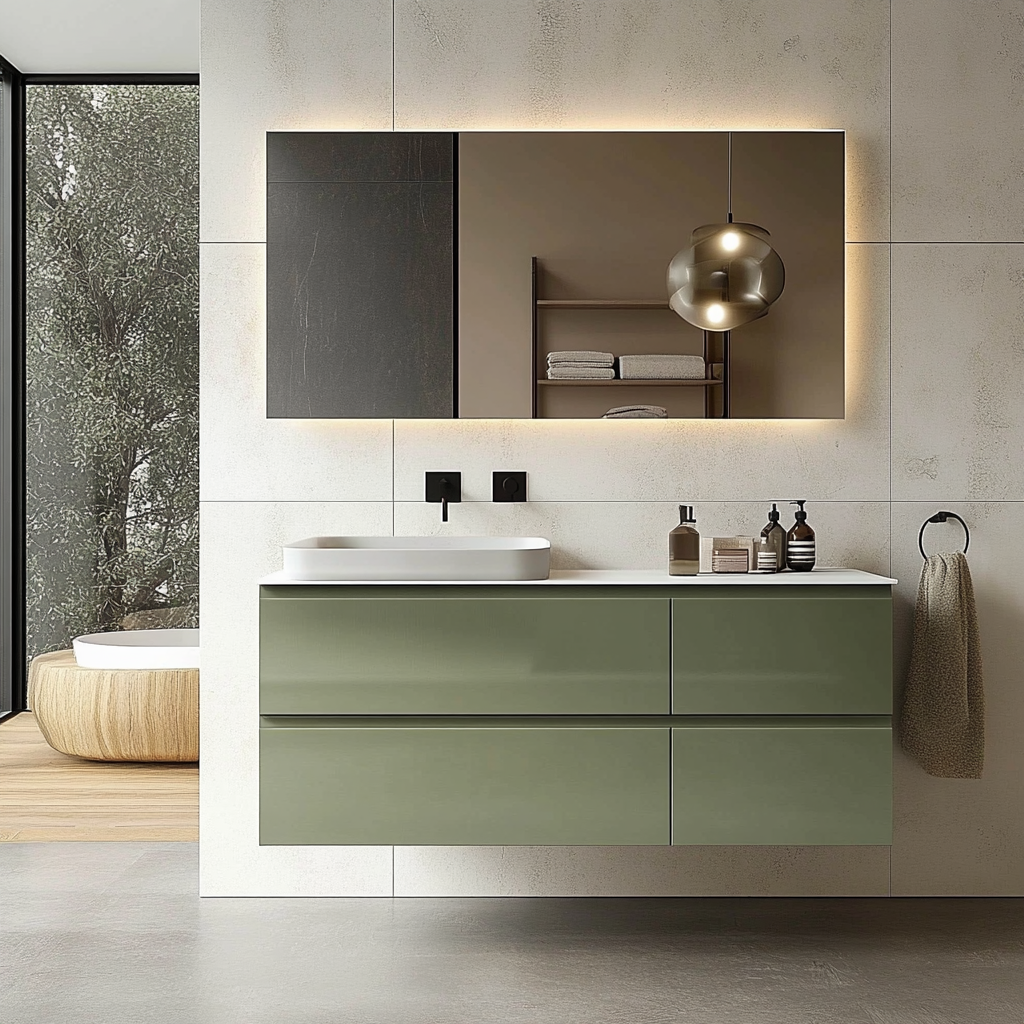 handcrafted sage green floating vanity with soft-close drawers and modern clean lines