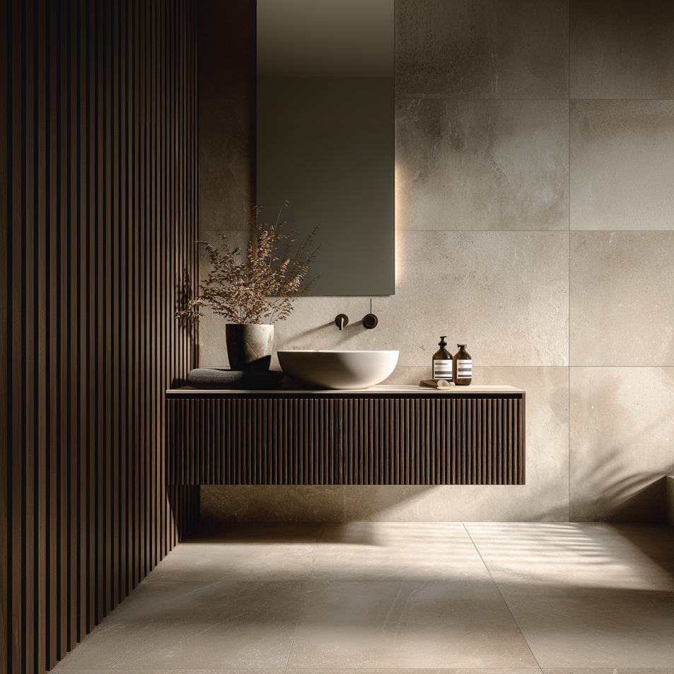 handcrafted oak floating vanity with slatted front panels and soft-close drawers.