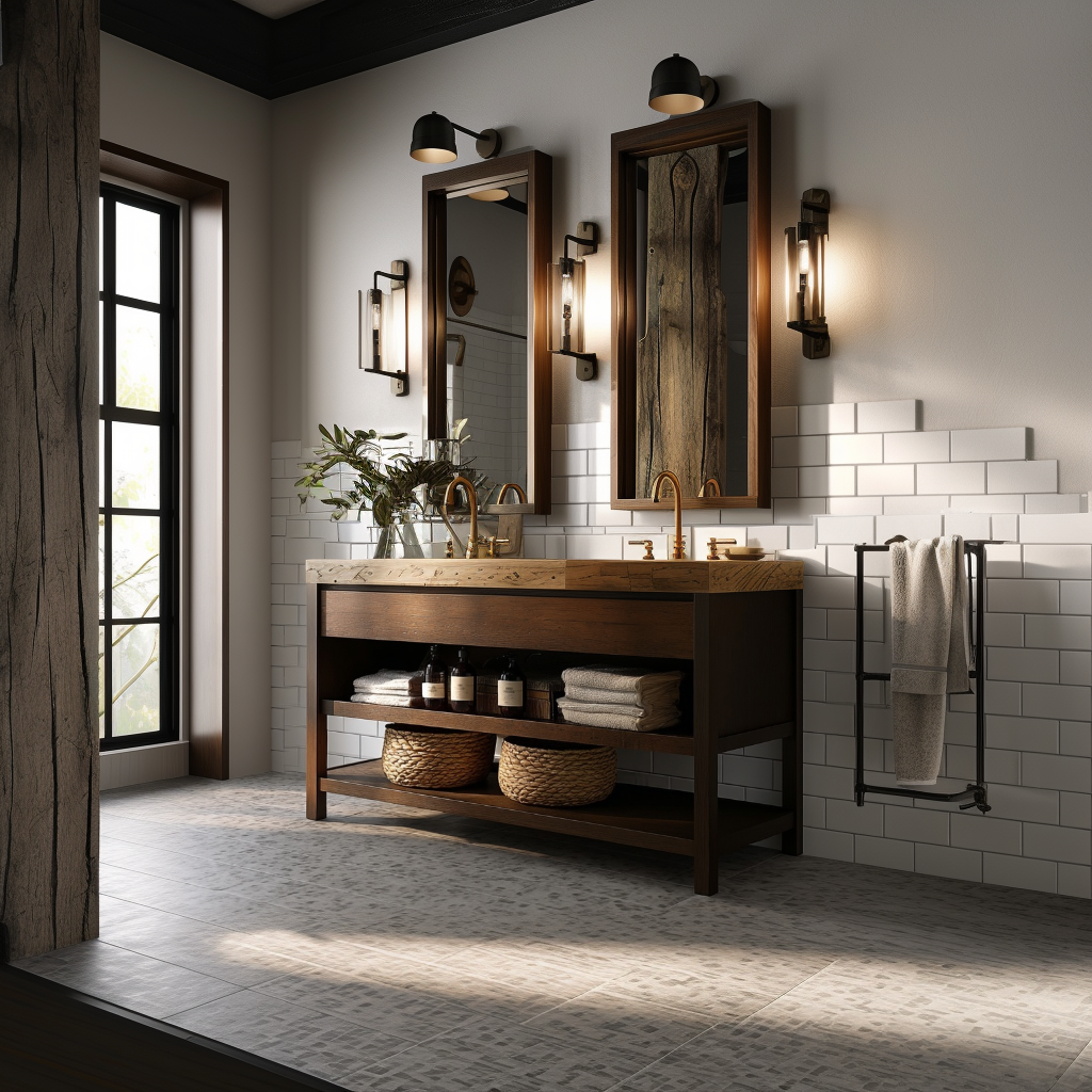 handcrafted solid oak freestanding vanity with 45-degree beveled drawer and open shelving.