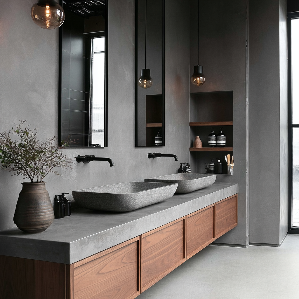 handcrafted walnut bathroom vanity with rich wood grain and architectural floating design.