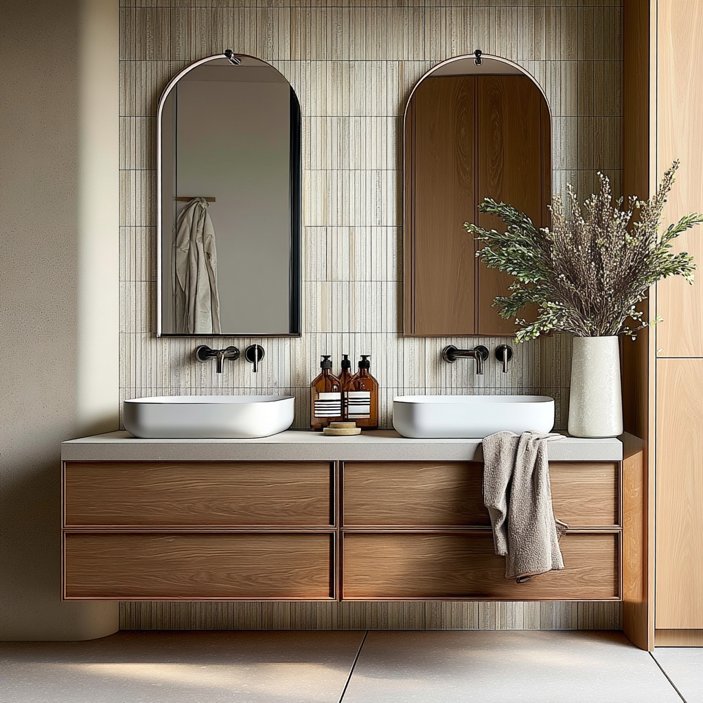 handcrafted walnut floating vanity with warm natural tone and seamless drawer fronts.