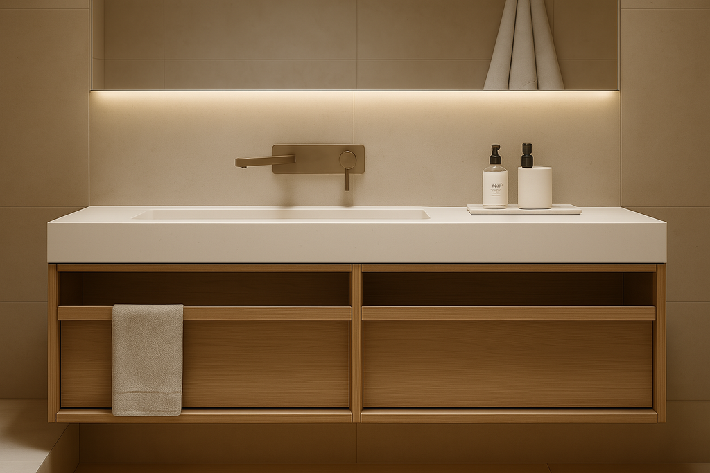 handcrafted wall-mounted walnut vanity with pull-out drawers and natural satin finish.