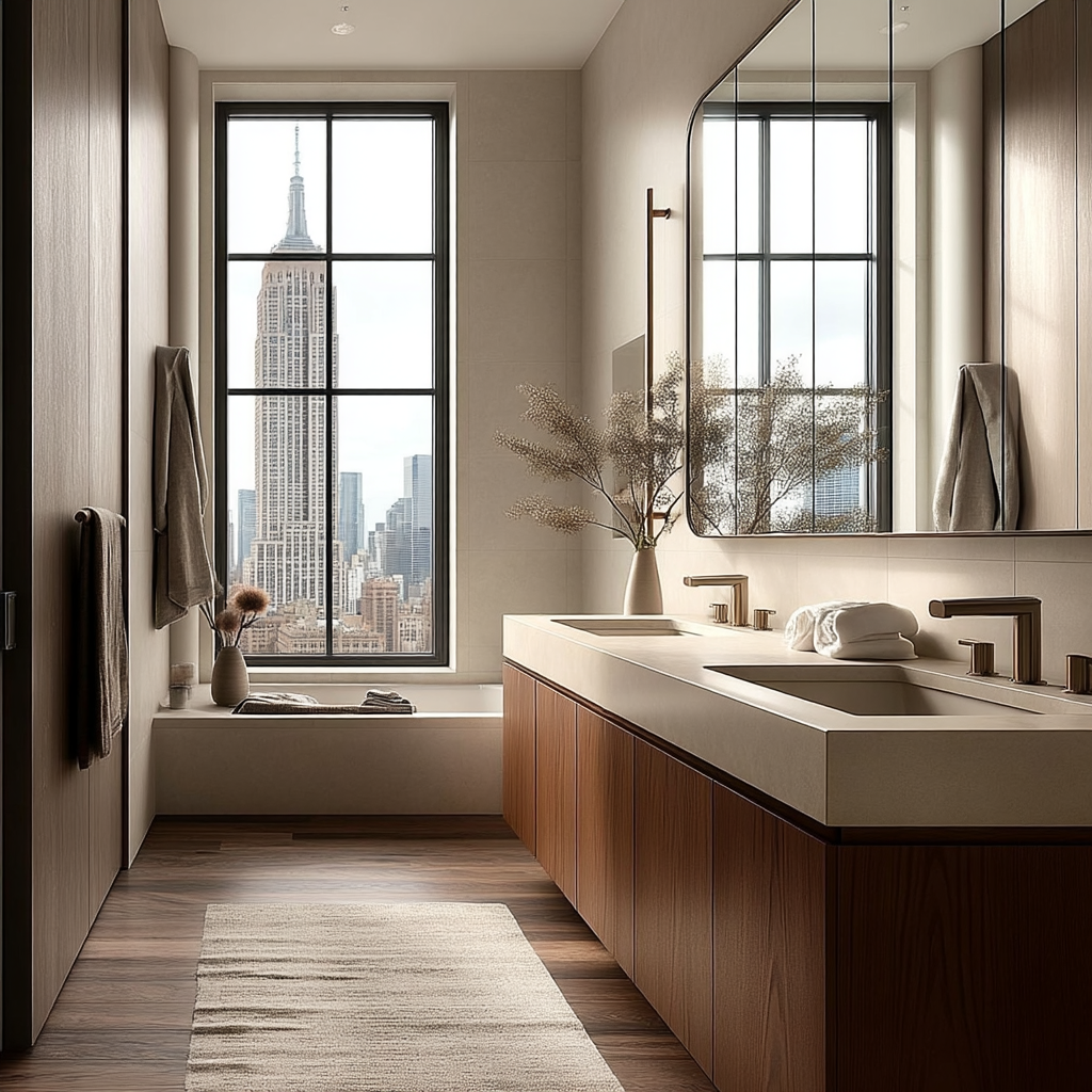 luxury walnut bathroom vanity handcrafted with seamless grain matching and hidden hardware