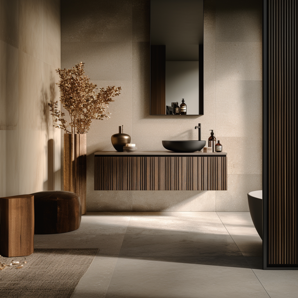 handcrafted walnut veneer floating vanity with vertical slatted facade and seamless drawer fronts.