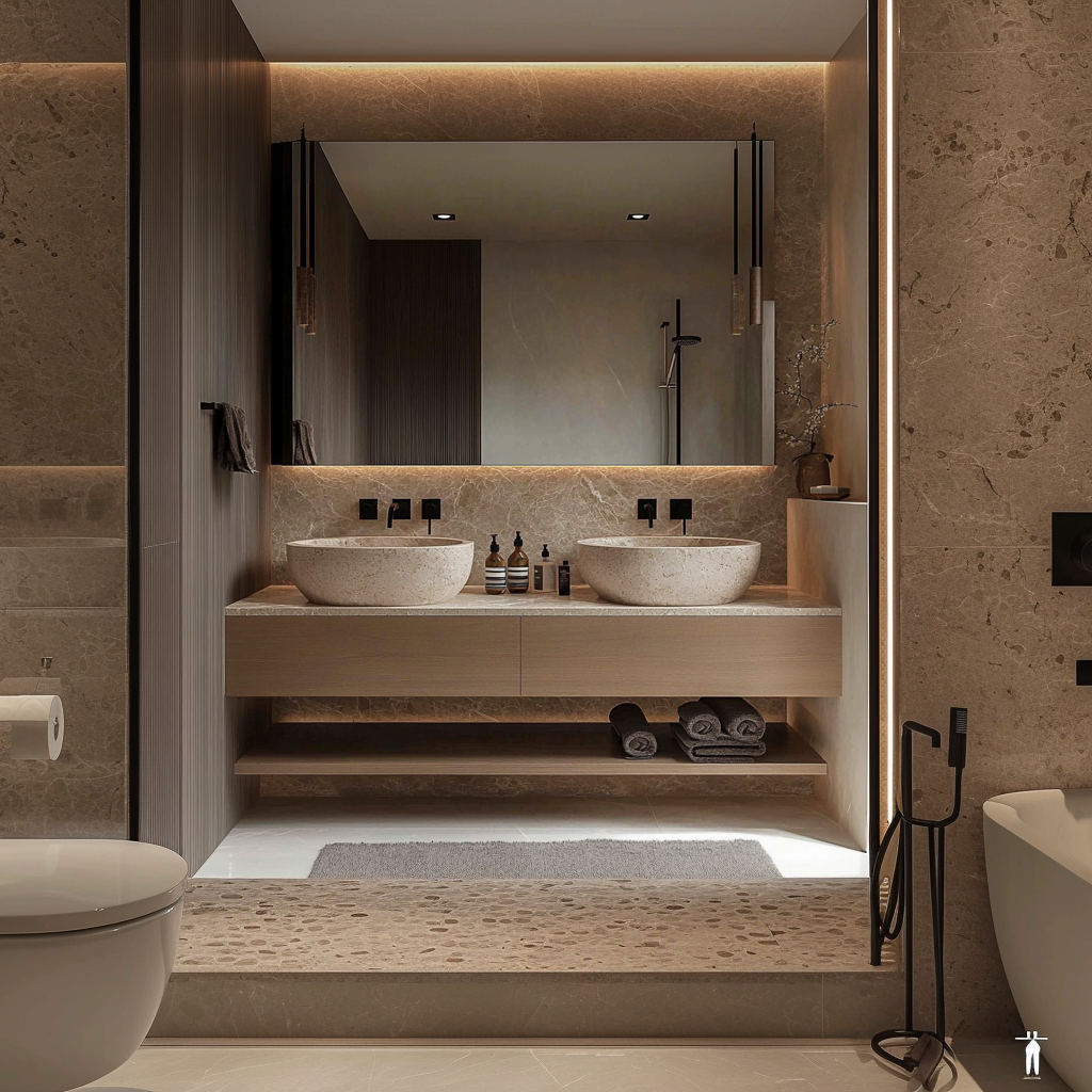 handcrafted walnut veneer floating vanity with open shelf and smooth handleless drawers.